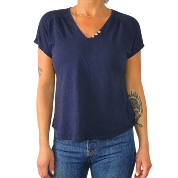 Lucky Brand Short Sleeve Henley V Neck Size Large Cotton Rayon Dark Blue - Picture 1 of 5